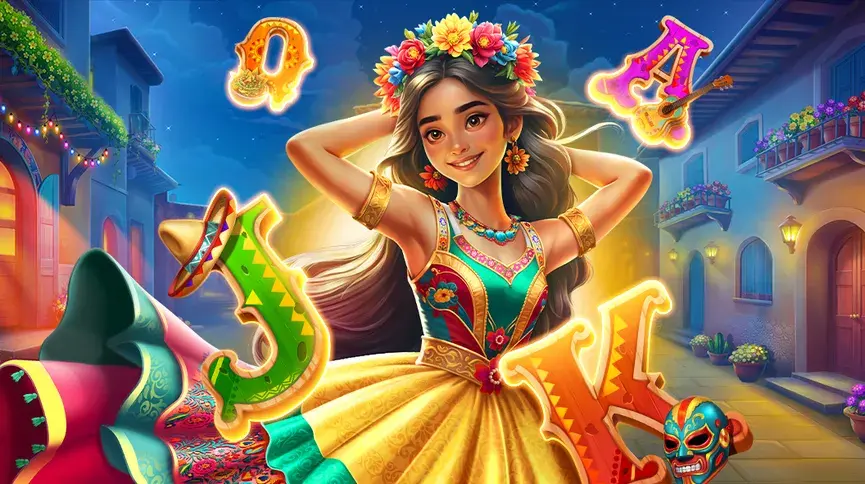 NV Casino – dziewczyna w kolorowej sukni meksykańskiej z kwiatami we włosach, otoczona literami i symbolami fiesty